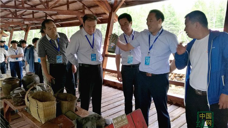林管局領導和游客在內蒙古大興安嶺停伐紀念地參觀老一代伐木工使用過生活工具.jpg